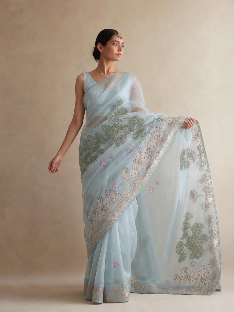 Celestial Mist Organza Saree With Botanical Gold Foil Detailing
