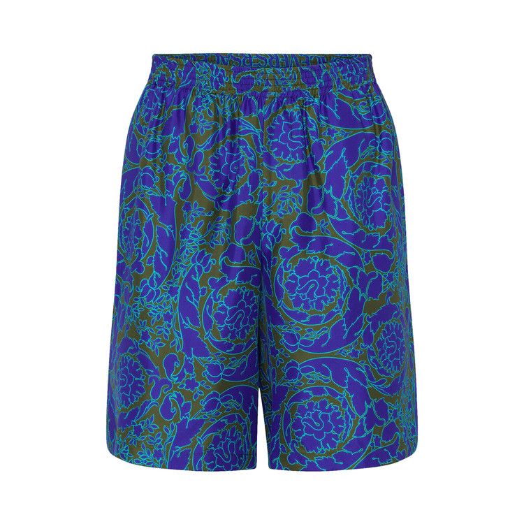 Versace Baroque Print Silk Shorts Khaki/Blue