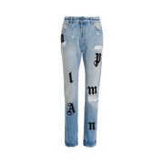 Palm Angels Logo Patches Straight Leg Jeans Light Blue/Black
