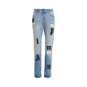 Palm Angels Logo Patches Straight Leg Jeans Light Blue/Black