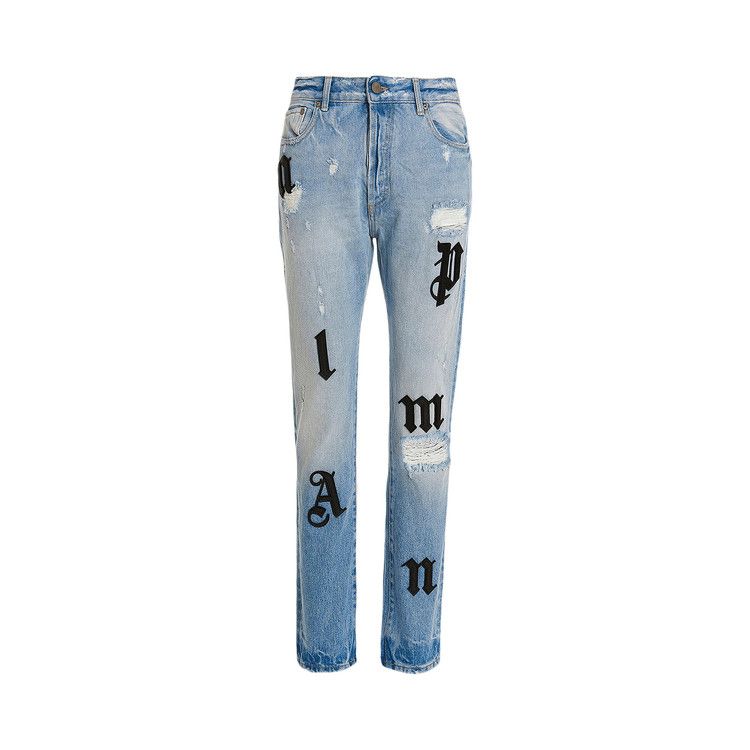 Palm Angels Logo Patches Straight Leg Jeans Light Blue/Black