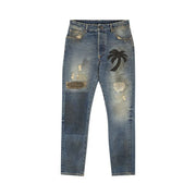 Palm Angels Curved Palm Patch Detail Straight Leg Jeans Blue