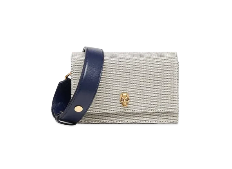Luxe Ivory Canvas Shoulder Bag with Gold Skull Lock