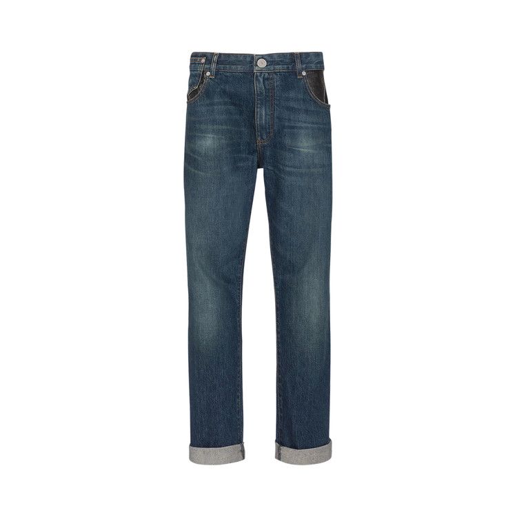 Balmain Leather Pocket Regular Denim Pants Blue