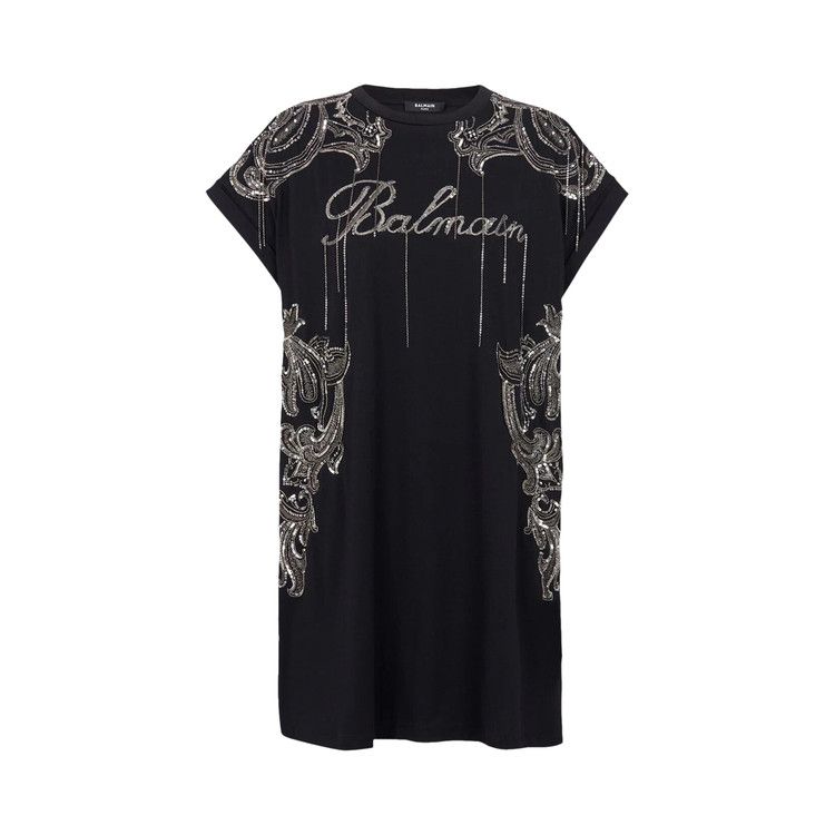 Balmain Sleeveless Embroidered Paisley Chains Shorts Dress Black/Old Silver