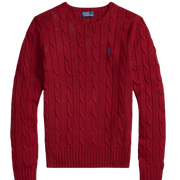 Women Red Cable-Knit Cotton Crewneck Sweater