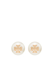logo-plaque pearl stud earrings