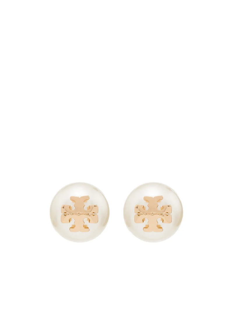 logo-plaque pearl stud earrings
