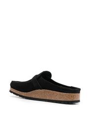 closed-toe suede mules