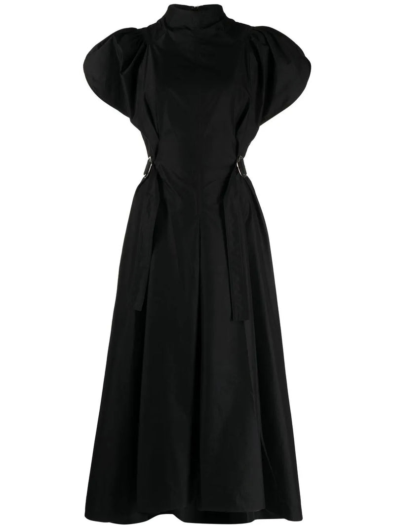 high-neck flared midi dress