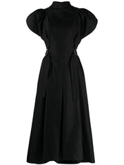 high-neck flared midi dress
