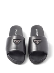 logo plaque brushed leather slides