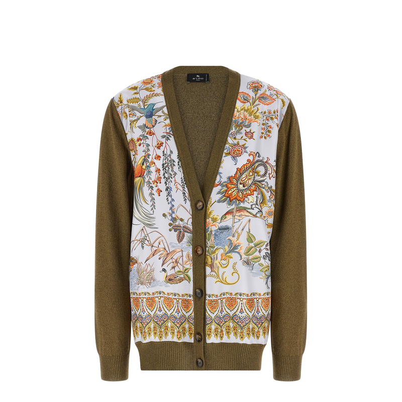 Paisley Printed Silk Insert Cardigan - Green