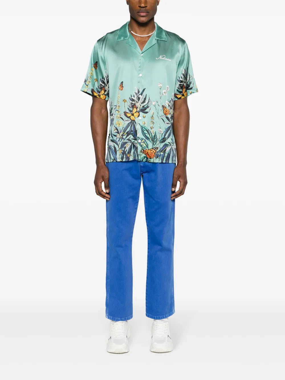 Botanical camp-collar satin shirt