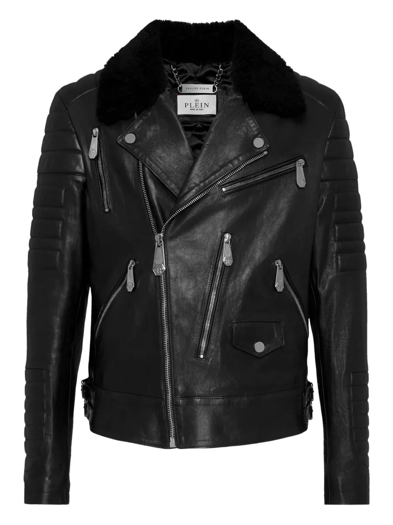 shearling-collared biker jacket