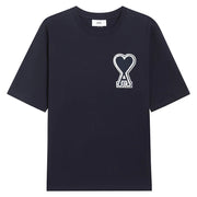 Ami Paris Pure Cotton Heart Embroidered Couple Unisex Black T-Shirt