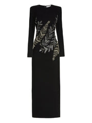 fern-embroidered long-sleeve gown