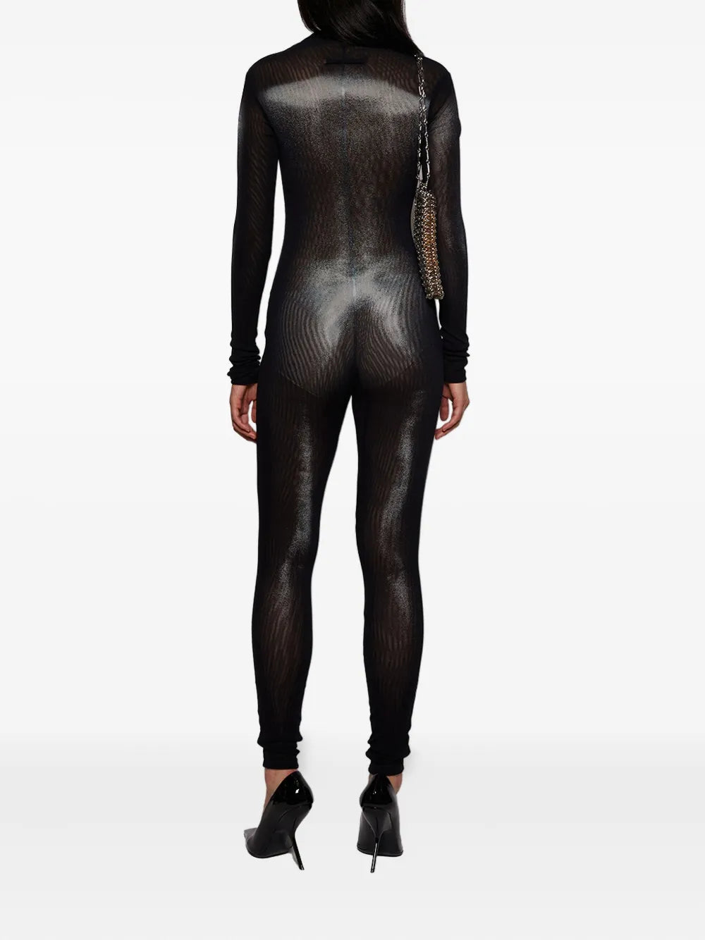 asymmetric-collar mesh jumpsuit
