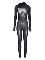 asymmetric-collar mesh jumpsuit