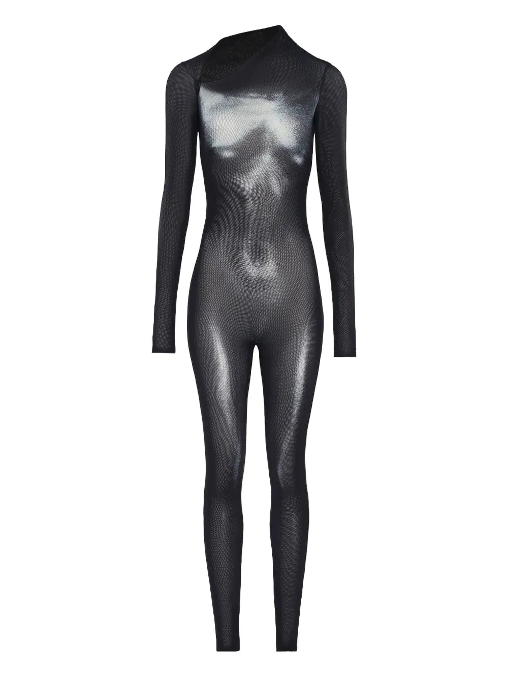 asymmetric-collar mesh jumpsuit