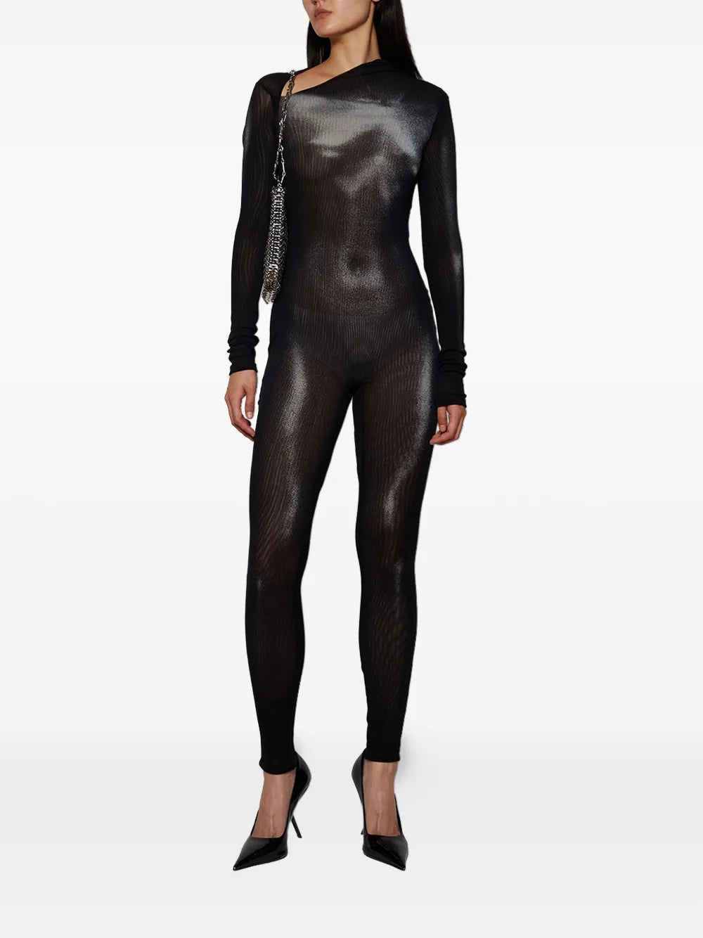 asymmetric-collar mesh jumpsuit