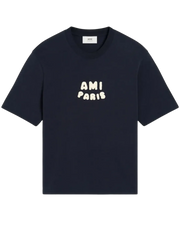 AMI Paris cotton T-Shirt with a front logo patch navy blue