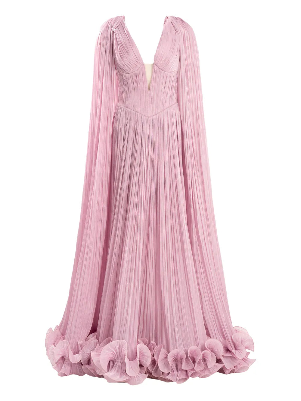 cape-pleated ruffle maxi dress