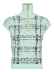 plaid-detail zip-fastening top