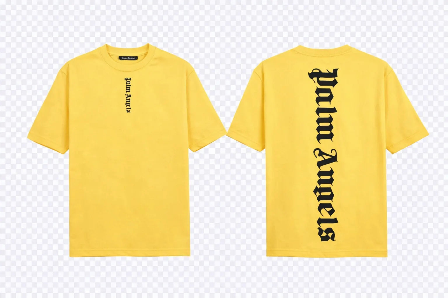 Palm Angels Yellow T-Shirt featuring a large black gothic font logo