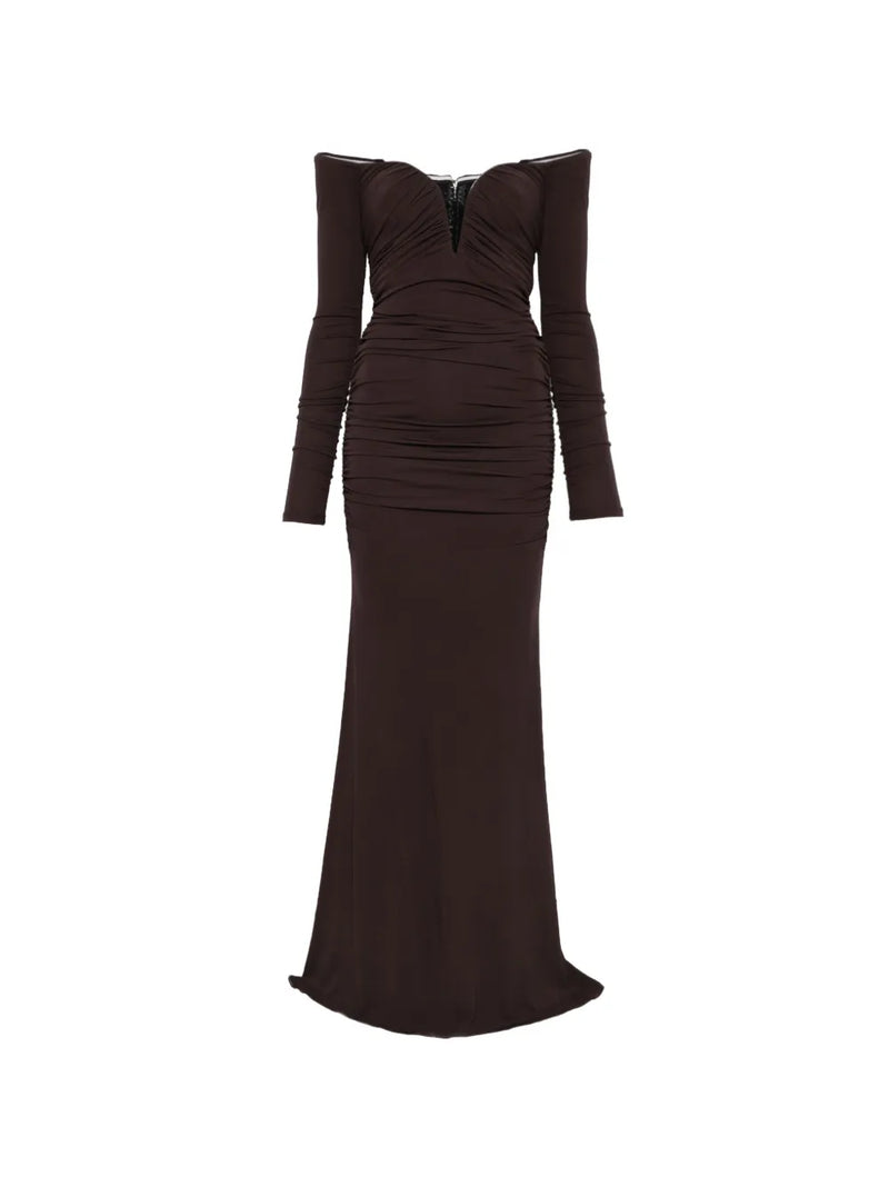 off-the-shoulder gathered maxi dress