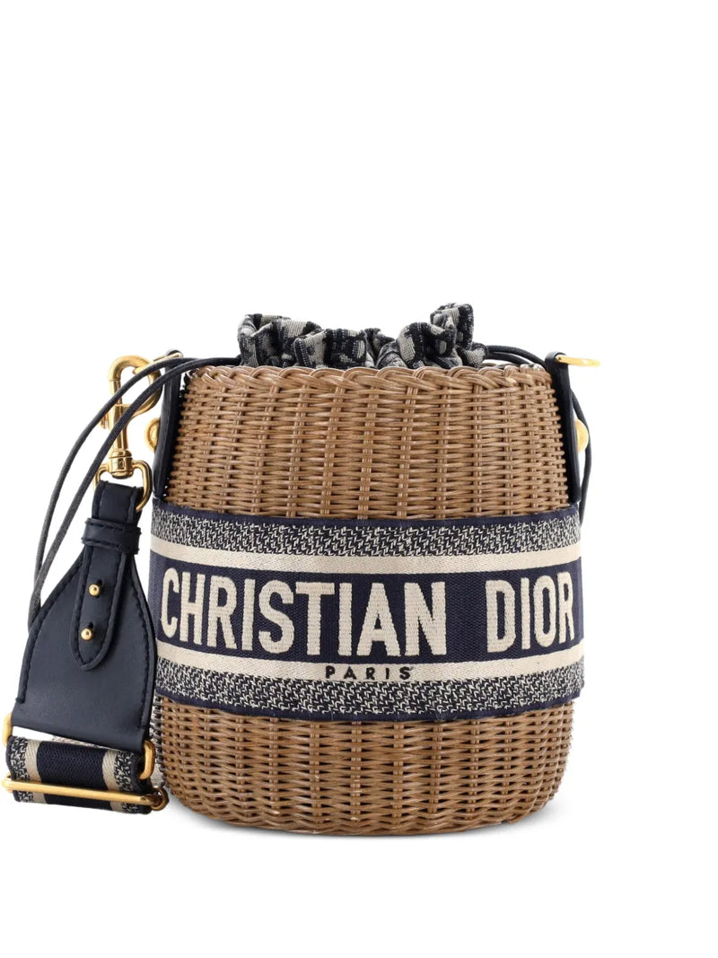Drawstring Wicker with Oblique Canvas bucket bag
