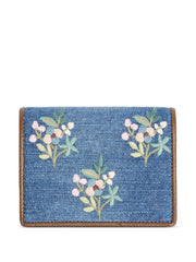 VLogo Signature wallet in denim with floral embroidery