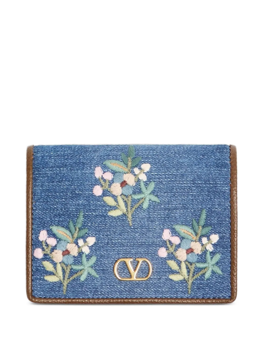 VLogo Signature wallet in denim with floral embroidery