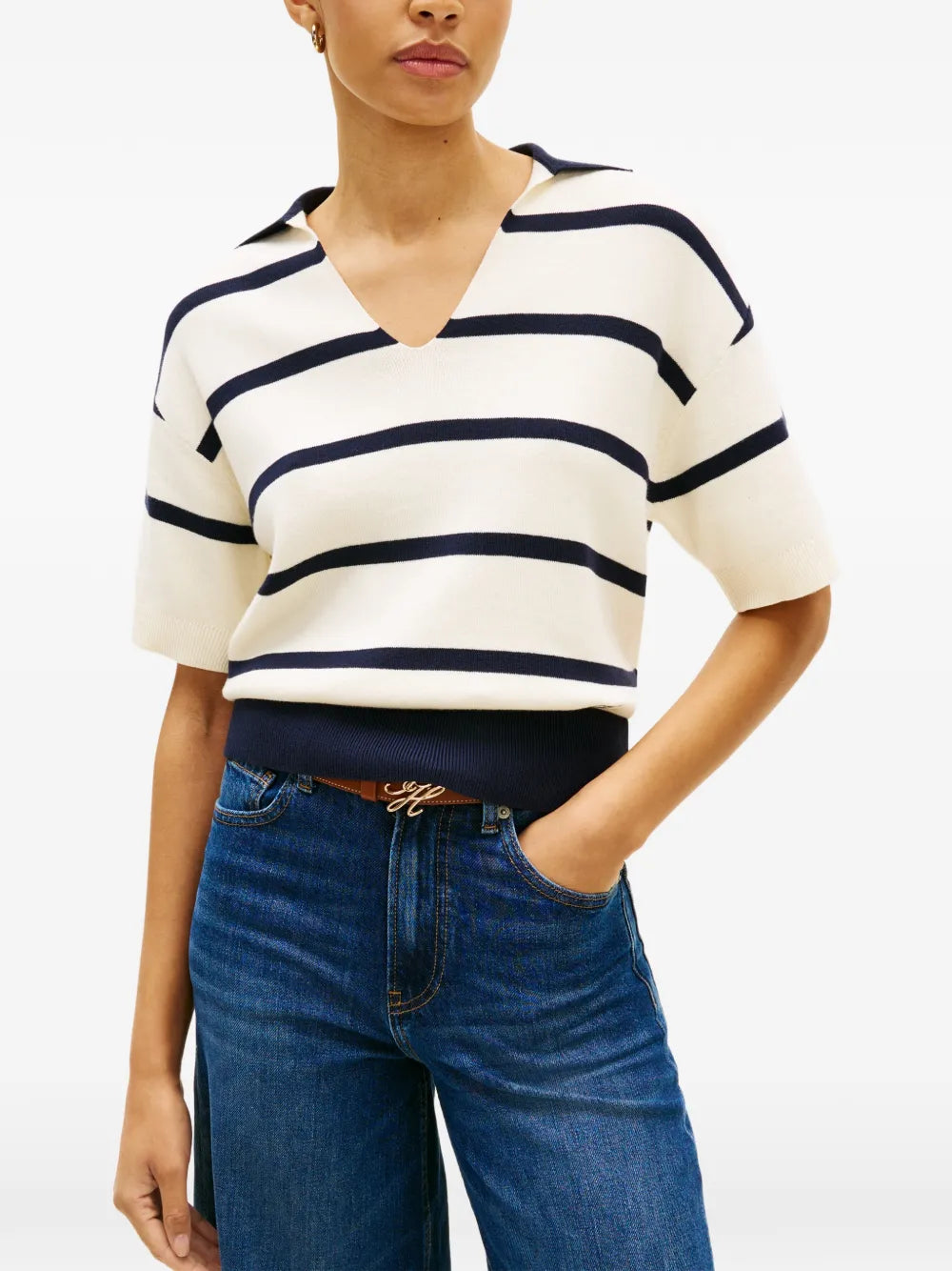 striped V-neck knitted top