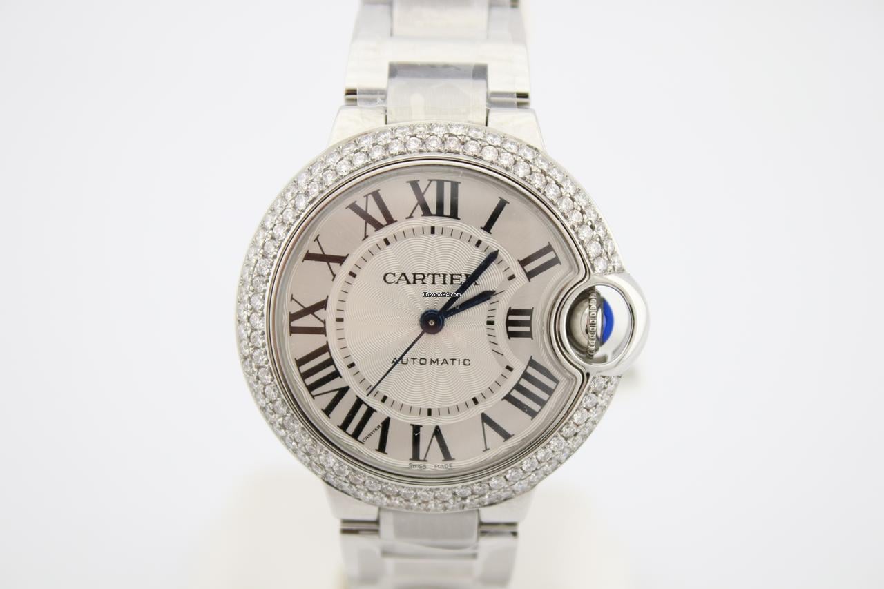 Cartier Ballon Bleu 33mm Stainless Steel Diamond Encrusted Watch WSBB0044