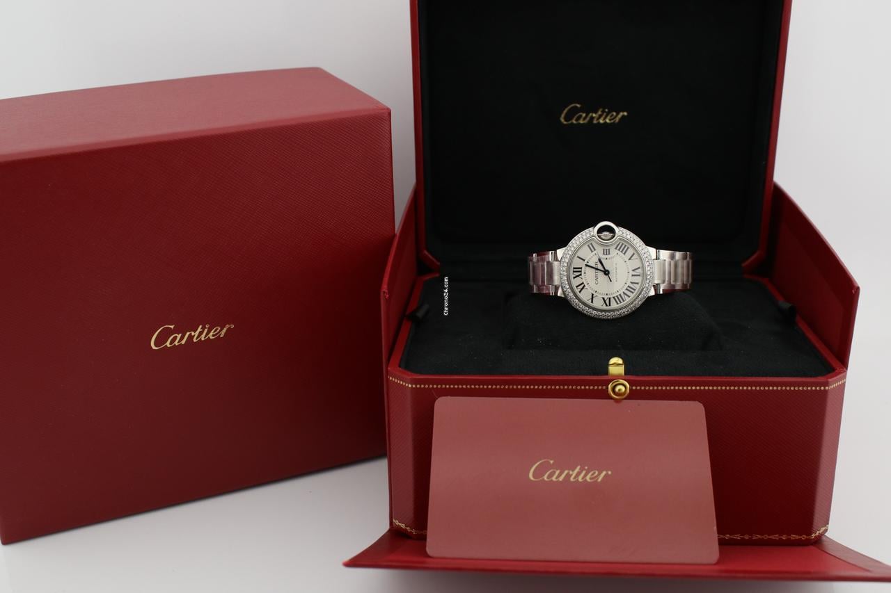 Cartier Ballon Bleu 33mm Stainless Steel Diamond Encrusted Watch WSBB0044