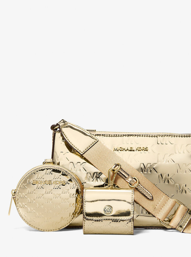Michael Kors Jet Set Small Metallic Logo Debossed Crossbody Bag with Case for Apple Airpods Pro® Pale Gold