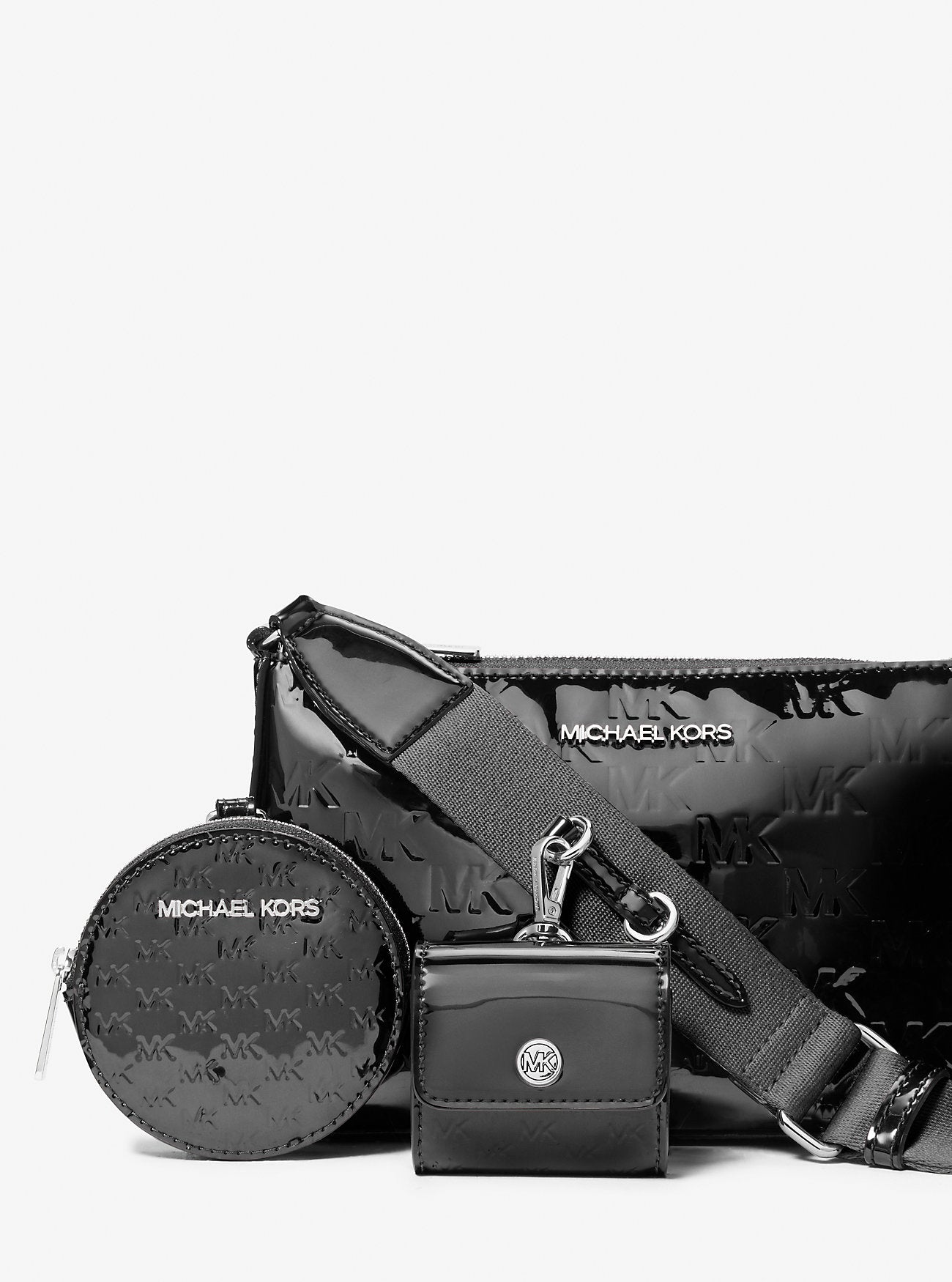 Michael Kors Jet Set Small Patent Logo Debossed Crossbody Bag with Case for Apple Airpods Pro® Black