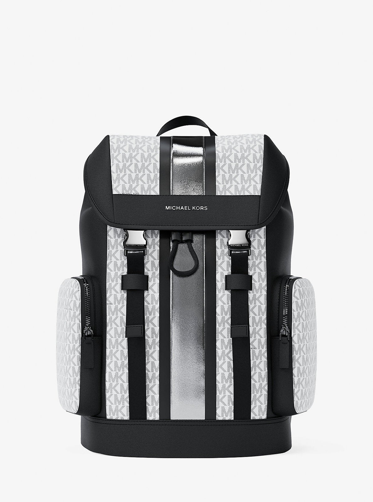 Michael Kors Cooper Metallic Striped Signature Logo Backpack Silver