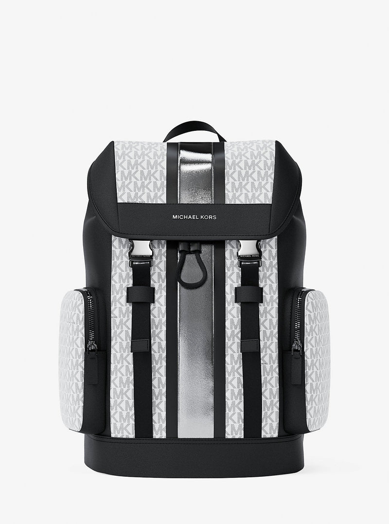 Michael Kors Cooper Metallic Striped Signature Logo Backpack Silver