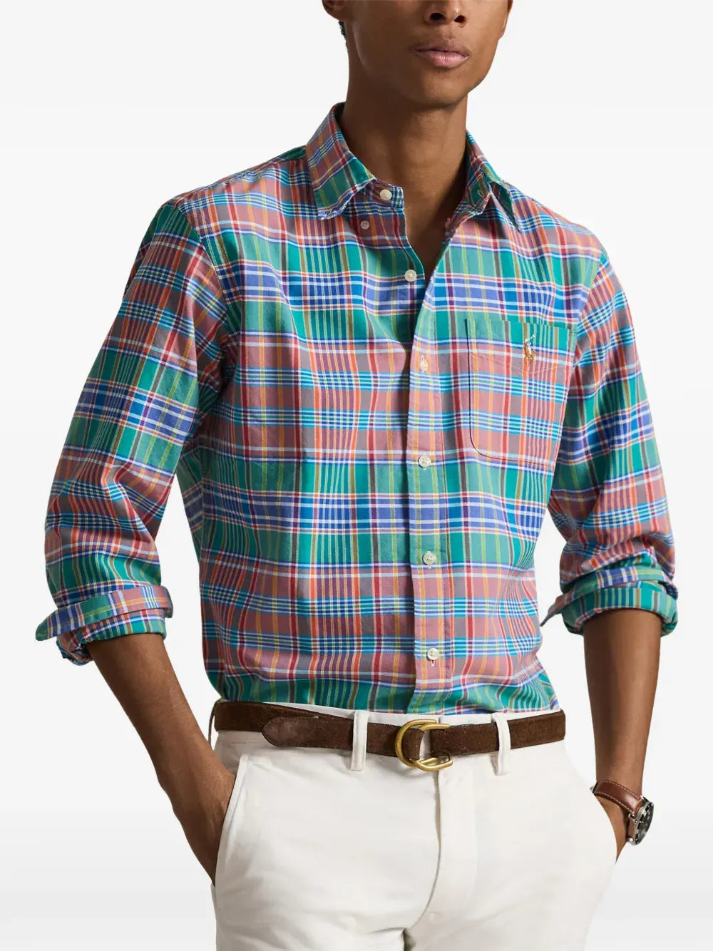 plaid-pattern logo-embroidered shirt