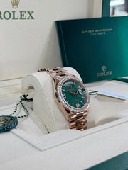 Rolex | Day-Date | 128345RBR | Rose gold | 36 x 43 mm | Rose gold | Green | Automatic