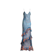 Long Dress in Silk with Ruffles and Floral Motif