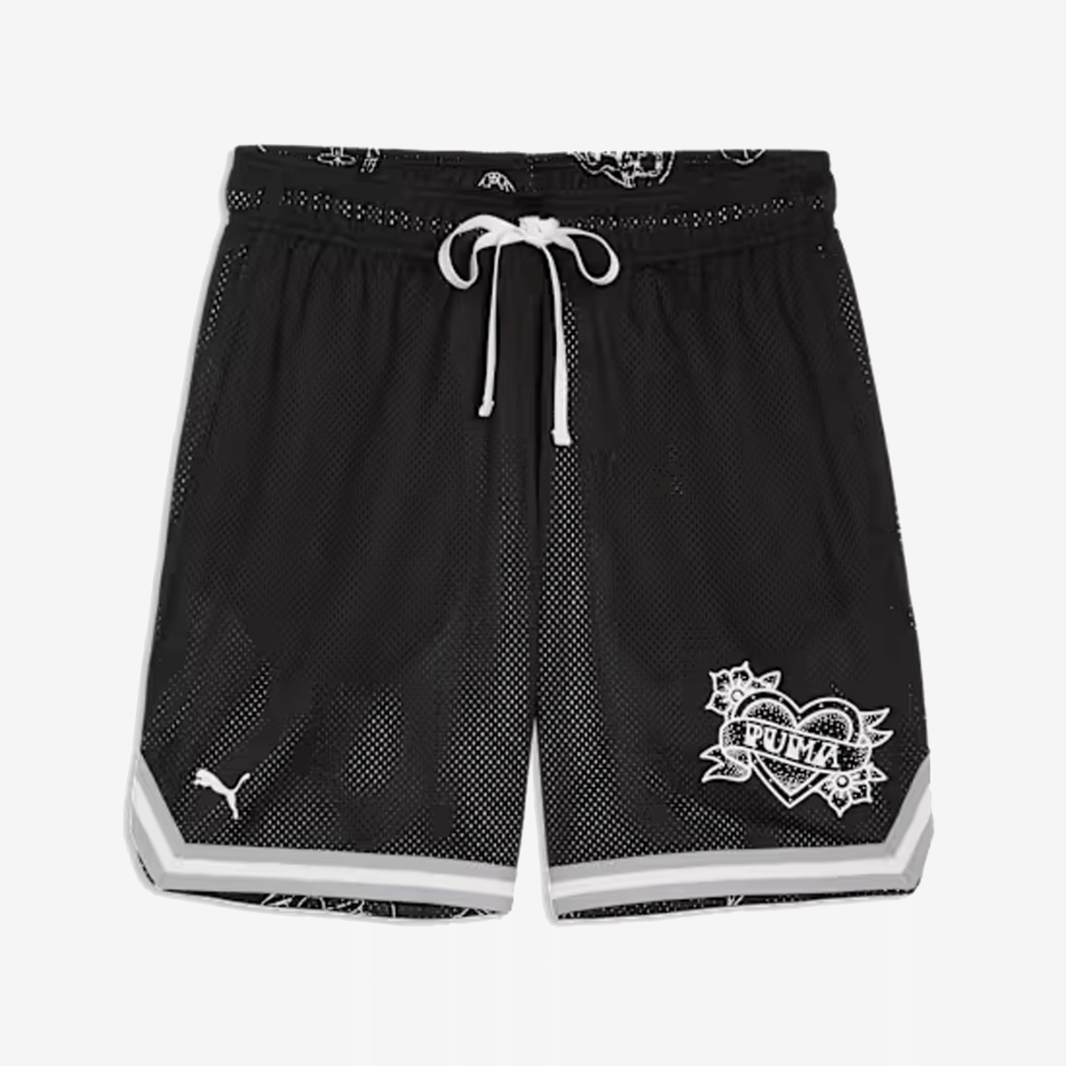 PUMA SWISH N' INK ABOVE-KNEE 7" BASKETBALL SHORTS { BLACK-AOP