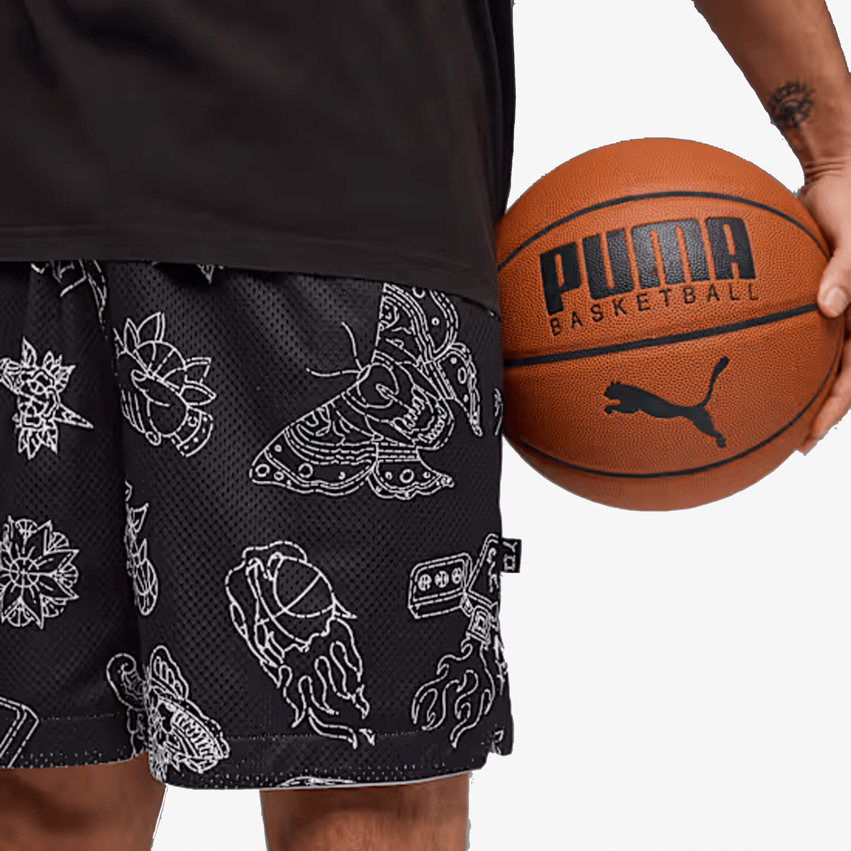 PUMA SWISH N' INK ABOVE-KNEE 7" BASKETBALL SHORTS { BLACK-AOP
