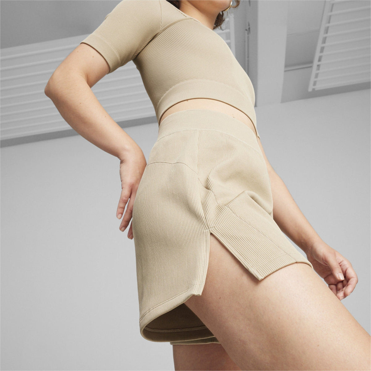 Puma DARE TO MUTED MOTION FLARED SHORTS { ALMOND