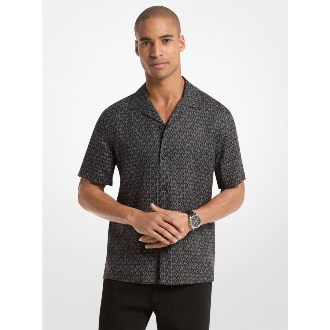 Michael Kors Signature Logo Linen Camp Shirt BLACK