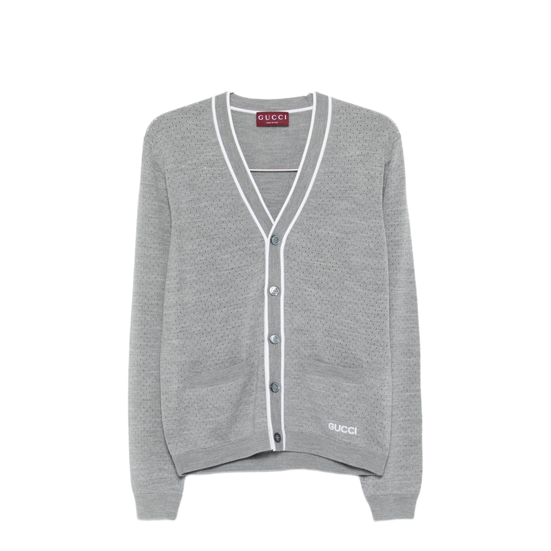 Fine Wool Knit Cardigan with Intarsia