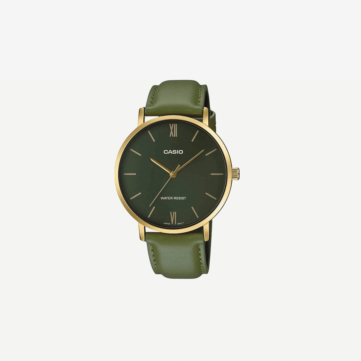 Casio MTP-VT01GL-3B Minimalistic Gold Tone Green Leather Band Green Dial Analog Watch