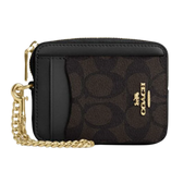 Coach Zip Card Case In Signature Canvas Gold Walnut Black